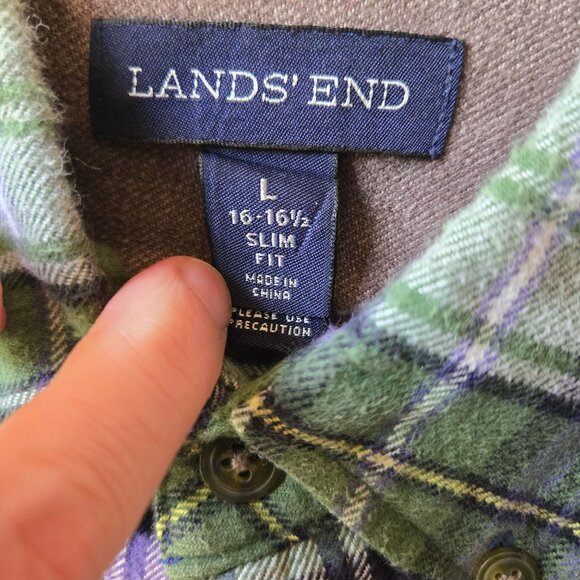 Lands End Mens Slim Fit Plaid Flannel Button-Up Shirt 16-16.5 L Green & Purple O - Picture 4 of 11